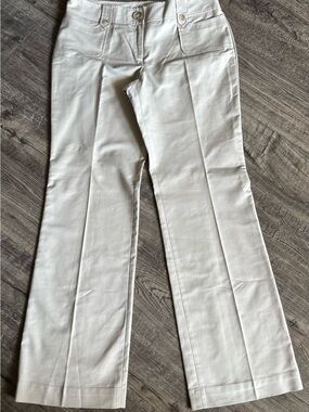 Ann Taylor Women's Beige Solid Flat Front Dress Pants Pockets Button/Zip Size 8